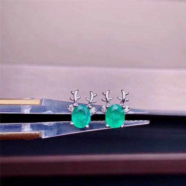 simple natural emerald earrings women green gemstone jewelry sterling silver 925 stud earrings, Golden;silver