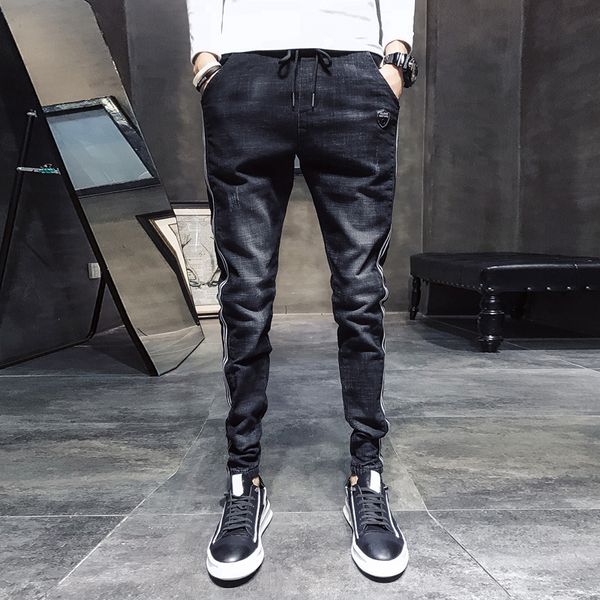 black slim fit jeans men washed side striped drawstring casual denim pants 2019 autumn winter trousers pants, Blue
black slim fit jeans men washed side striped drawstring casual denim pants 2019 autumn winter trousers pants, Blue