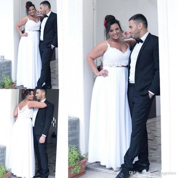 simple two pieces plus size beach wedding dresses lace spaghetti strap chiffon skirt floor length zipper back bridal wedding gowns, White
simple two pieces plus size beach wedding dresses lace spaghetti strap chiffon skirt floor length zipper back bridal wedding gowns, White