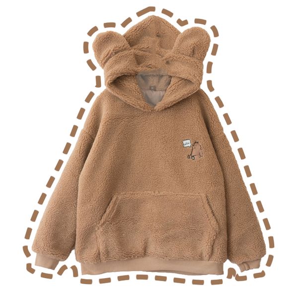kawaii bears embroidery winter women's cashmere warm hooded sweatshirt big pockets long sleeve pullovers color brown, Black
kawaii bears embroidery winter women's cashmere warm hooded sweatshirt big pockets long sleeve pullovers color brown, Black