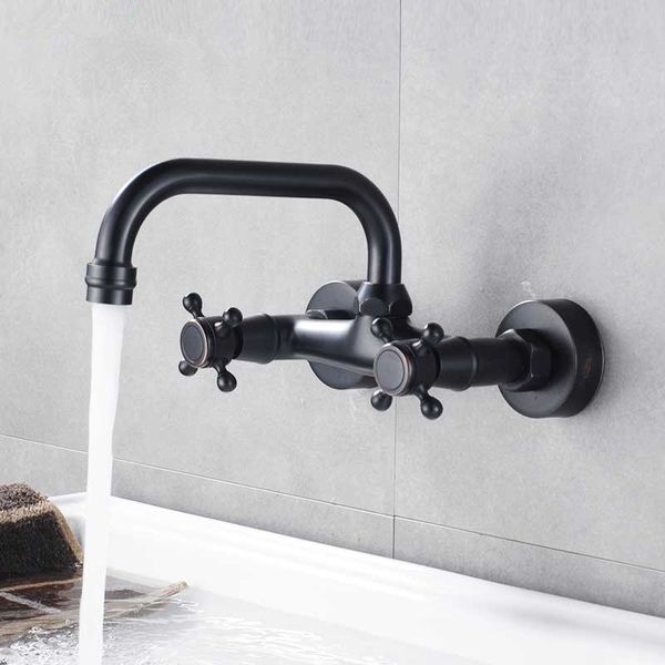 

Black Bronze Bathroom Faucet Wall Mounted Basin Faucet 360 Degree Rotation Double Handle Crane Cold Hot Water Mixer Tap torneira