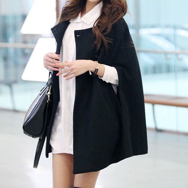 women loose batwing wool poncho winter warm coat jacket cloak cape parka outwear, Black
women loose batwing wool poncho winter warm coat jacket cloak cape parka outwear, Black