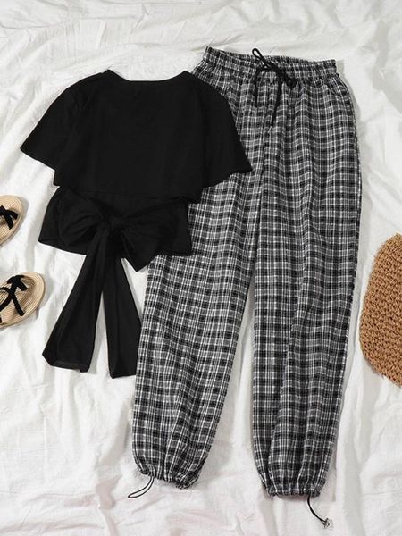 summer two piece set women solid short sleeve t-shirt + plaid high waist pant set fashion korean sweet wide leg pants, White
summer two piece set women solid short sleeve t-shirt + plaid high waist pant set fashion korean sweet wide leg pants, White