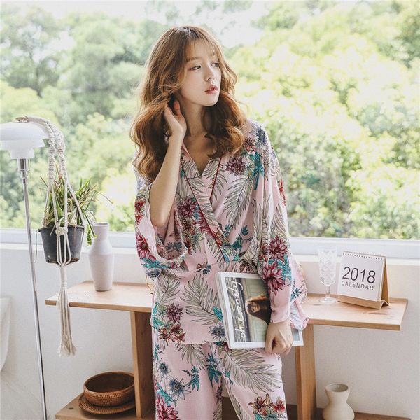 women pajamas autumn new japanese kimono ladies pajamas set comfortable soft cotton silk foundation leaves home service, Blue;gray
women pajamas autumn new japanese kimono ladies pajamas set comfortable soft cotton silk foundation leaves home service, Blue;gray