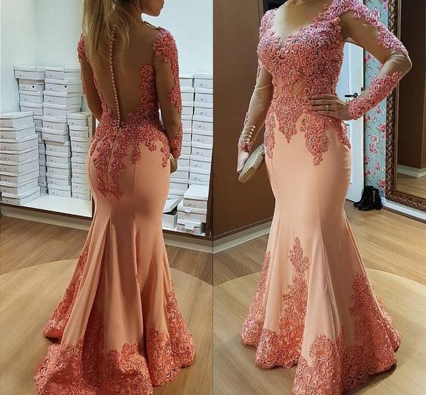 sheer v neck long sleeves lace mermaid prom dresses beaded crystals tulle applique beaded floor length formal party evening dresses buttons, Black
sheer v neck long sleeves lace mermaid prom dresses beaded crystals tulle applique beaded floor length formal party evening dresses buttons, Black