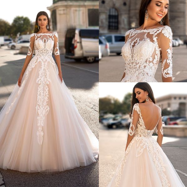 2020 a line modest wedding dresses lace boat neck half sleeves tulle robes de mariée vintage wedding dresses bridal gown, White
2020 a line modest wedding dresses lace boat neck half sleeves tulle robes de mariée vintage wedding dresses bridal gown, White