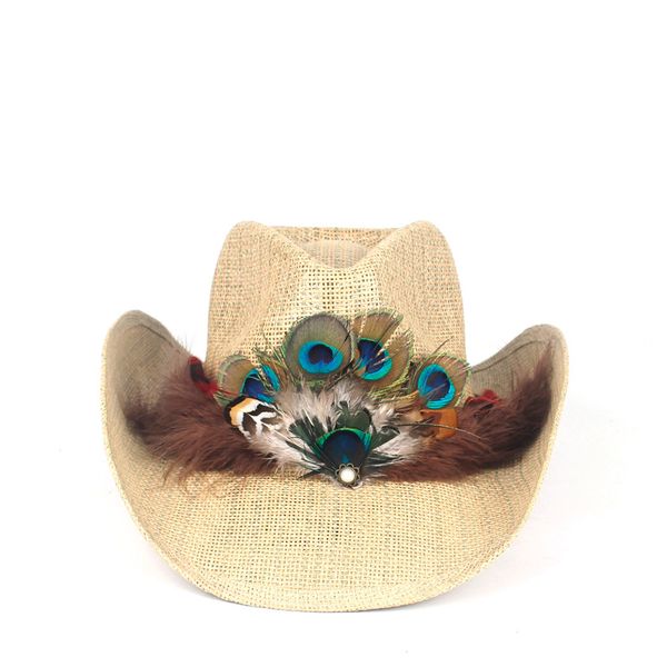 fashion peacock feather hollow western cowboy hat for summer lady straw sombrero hombre beach cowgirl jazz sun hat size 56-58cm, Blue;gray
fashion peacock feather hollow western cowboy hat for summer lady straw sombrero hombre beach cowgirl jazz sun hat size 56-58cm, Blue;gray