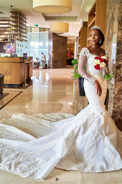 2019 african long sleeves mermaid wedding dress elegant black girl lace appliqued court train plus size bridal gown, White
2019 african long sleeves mermaid wedding dress elegant black girl lace appliqued court train plus size bridal gown, White