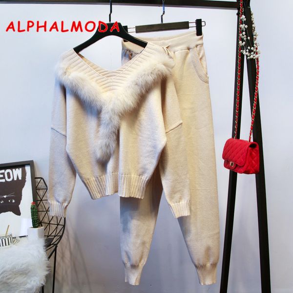 alphalmoda real fur collar sweater + pants women winter fashion two pieces set solid color quality clothing suits knitting set, Gray
alphalmoda real fur collar sweater + pants women winter fashion two pieces set solid color quality clothing suits knitting set, Gray