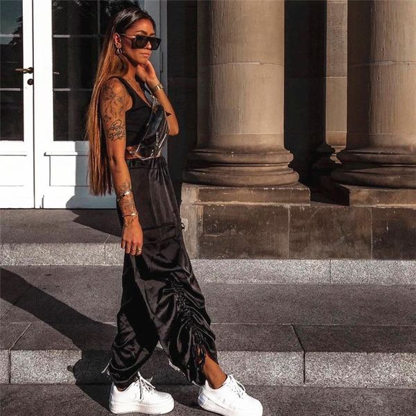 women spring streetwear drawstring ruched harem pants loose satin high waist pants bottom black casual trousers, Black;white
women spring streetwear drawstring ruched harem pants loose satin high waist pants bottom black casual trousers, Black;white