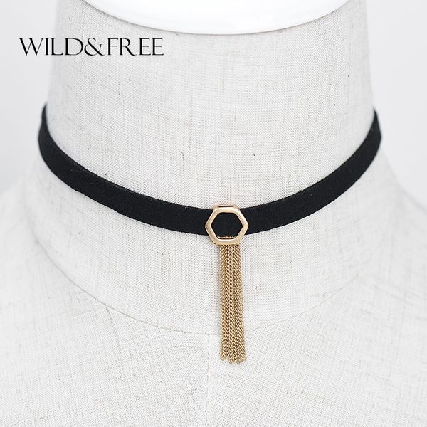 wild & women punk black leather choker necklace gold tassel pendant black choker necklace jewelry collar, Silver