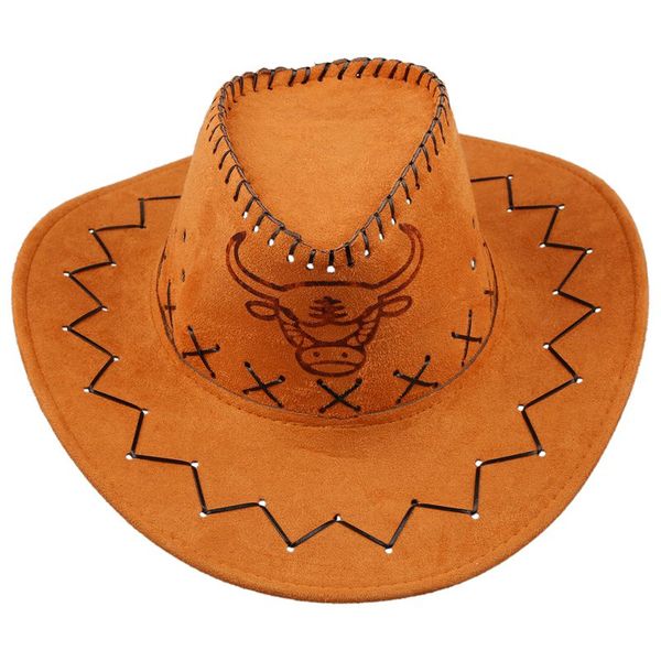 men flannel strap winding cow head pattern faux suede cowboy hat brown