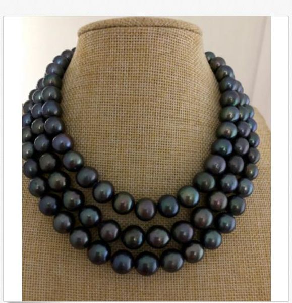 double strands 10-12mm tahitian round black green pearl necklace 18"19"20"925s, Silver
double strands 10-12mm tahitian round black green pearl necklace 18"19"20"925s, Silver