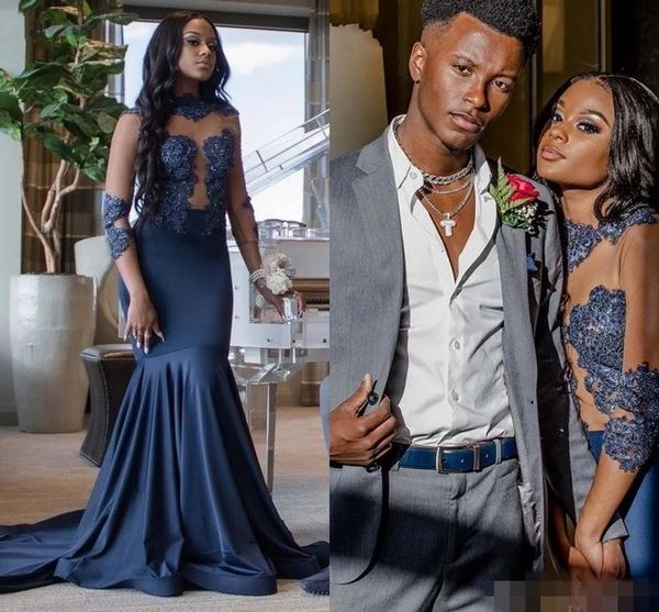2020 african 3/4 long sleeves prom dresses mermaid lace applique jewel neck illusion sweep train plunging evening party gowns plus size, Black
2020 african 3/4 long sleeves prom dresses mermaid lace applique jewel neck illusion sweep train plunging evening party gowns plus size, Black