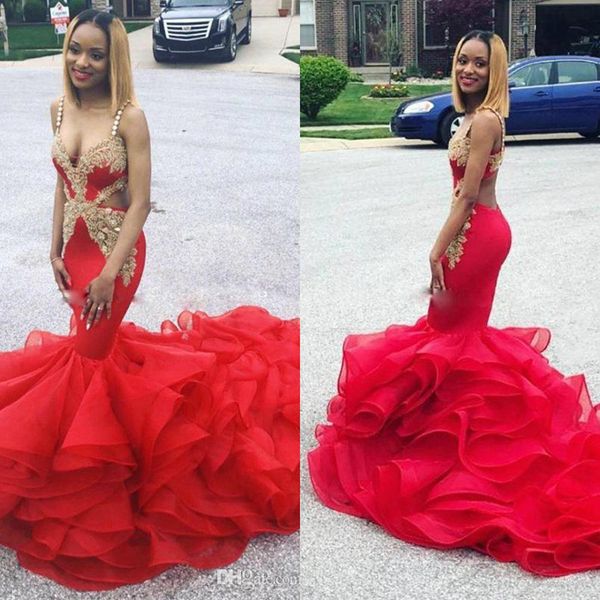 red mermaid prom dresses with gold appliques bead ruffles skirts formal evening gown court train backless cocktail party dress, Black
red mermaid prom dresses with gold appliques bead ruffles skirts formal evening gown court train backless cocktail party dress, Black