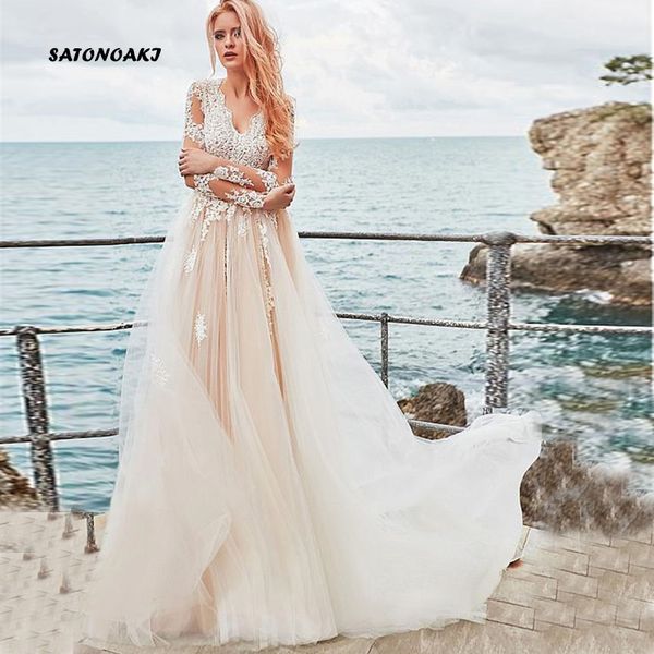 satonoaki exquisite tulle v-neck neckline a-line wedding dress with lace appliques elegant tulle nude long sleeves bridal gowns, White
satonoaki exquisite tulle v-neck neckline a-line wedding dress with lace appliques elegant tulle nude long sleeves bridal gowns, White