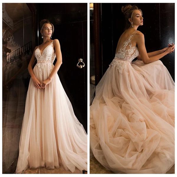 illusion wedding gowns v-neckline a-line tulle wedding dress lace appliques sash bodice low v back see through pink wedding dress, White
illusion wedding gowns v-neckline a-line tulle wedding dress lace appliques sash bodice low v back see through pink wedding dress, White