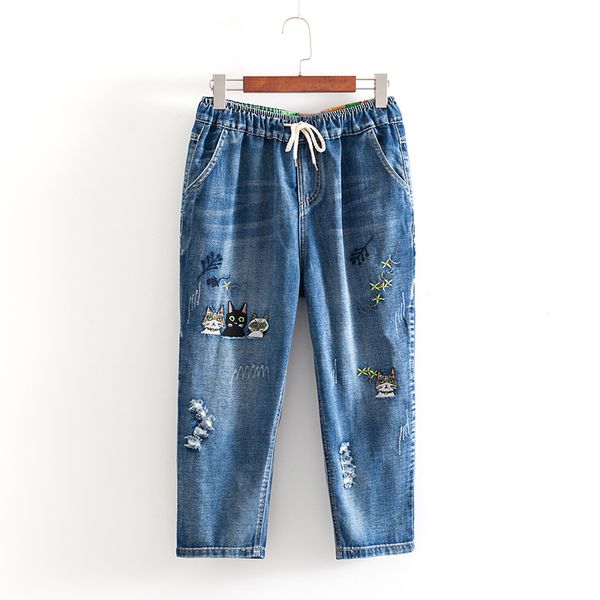 2019 plus size women jeans summer clothing fashion casual loose embroidery cat denim calf-length pants s7, Blue
2019 plus size women jeans summer clothing fashion casual loose embroidery cat denim calf-length pants s7, Blue