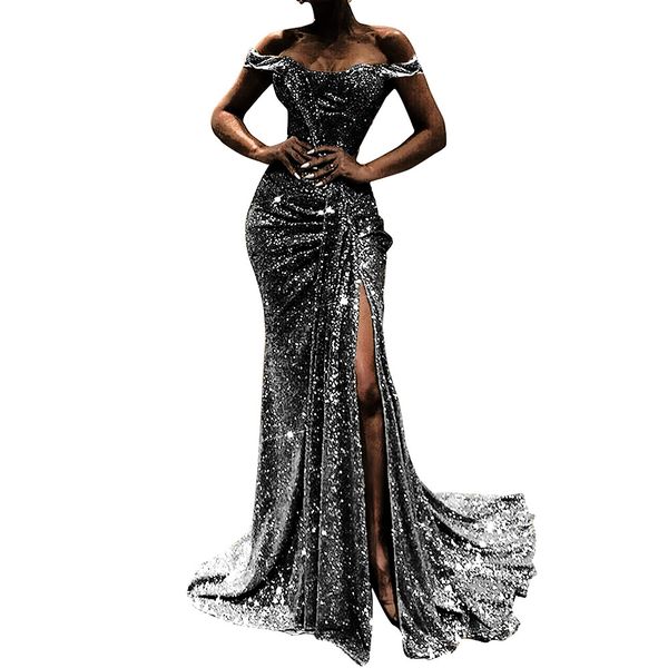 off-shoulder large swing dress pleated stitching sequined split explosion womens banquet evening dress, White;black
off-shoulder large swing dress pleated stitching sequined split explosion womens banquet evening dress, White;black
