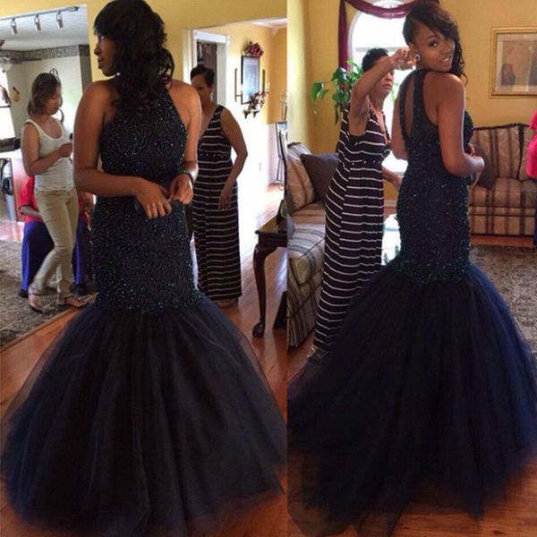 shining navy blue mermaid prom dresses halter crystal beading open back ruched tulle formal party dresses sleeveless long evening gown, Black
shining navy blue mermaid prom dresses halter crystal beading open back ruched tulle formal party dresses sleeveless long evening gown, Black
