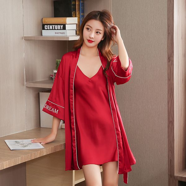 red women silk robe gown set 2 pieces lounge set satin embroidery flower sleepwear robe ladies nightwear solid nightdress, Black;red
red women silk robe gown set 2 pieces lounge set satin embroidery flower sleepwear robe ladies nightwear solid nightdress, Black;red