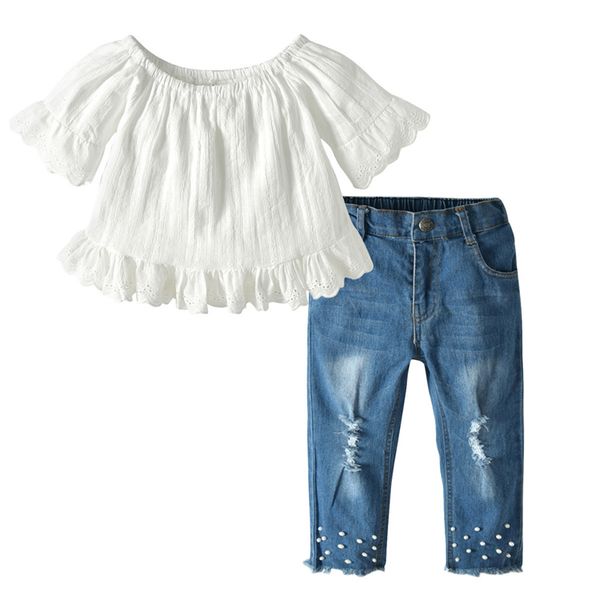 girl kids clothes set children clothing a word collar lace t-shirt +pearl denim pants jean 2pcs kids designer clothes girls jy343, White
girl kids clothes set children clothing a word collar lace t-shirt +pearl denim pants jean 2pcs kids designer clothes girls jy343, White