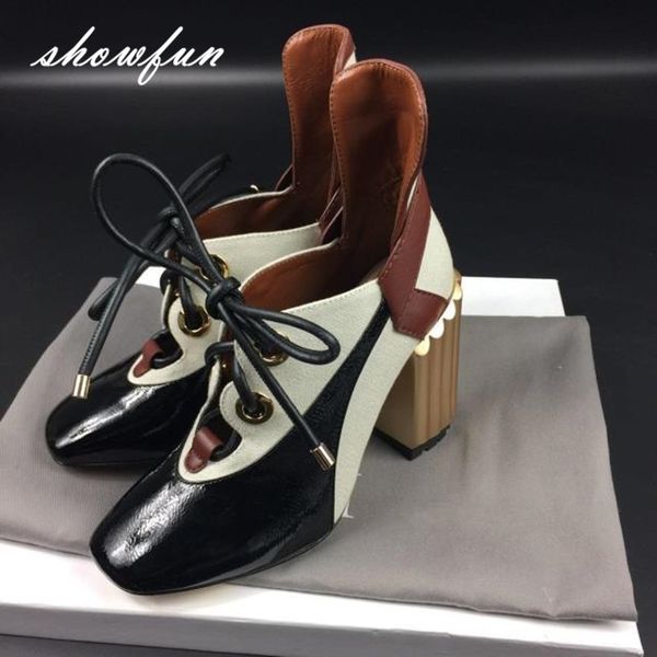 women's genuine leather patchwork lace-up pumps brand designer thick high heel spring autumn punk shoes for women, Black
women's genuine leather patchwork lace-up pumps brand designer thick high heel spring autumn punk shoes for women, Black