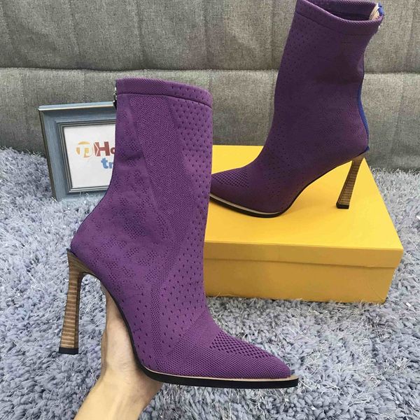 Purple Knitted Sock Boots Winter Sock Booties Women Tops Knitted Booties Fashion Ladies Winter Shoes Box Included, Black