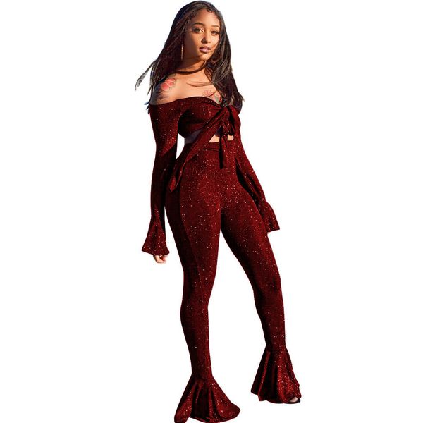 womens glitter two piece outfit off shoulder long sleeve twist bow tie front crop bell bodycon long pants set, White
womens glitter two piece outfit off shoulder long sleeve twist bow tie front crop bell bodycon long pants set, White