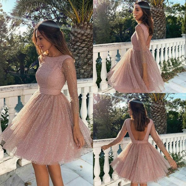 

chic cocktail party dresses lace long sleeve sequined puffy short prom gowns custom made homecoming dress, Black