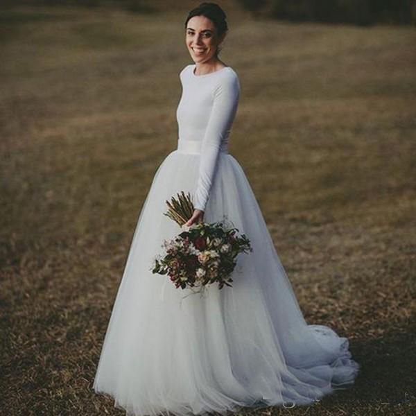2019 Modest Long Sleeve Wedding Dresses Jewel Neck Natural Waist A Line Sweep Train Jersey and Tulle Plain Bridal Gowns Vestidos De Novia