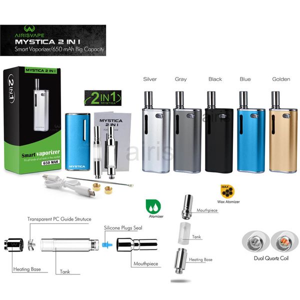 Аутентичные Mystica 2 в 1 комплект воск Vape Pen Mod Starter Kit Pre Heat VV аккумуляторная батарея 650mah с воском и маслом испаритель контраст H10S
Аутентичные Mystica 2 в 1 комплект воск Vape Pen Mod Starter Kit Pre Heat VV аккумуляторная батарея 650mah с воском и маслом испаритель контраст H10S