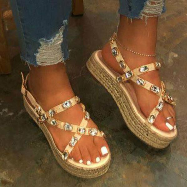 women rhinestone sandals women platform heels flat inhemp sole back strap buckle fashion beach ladies shoes zapatos de mujer, Black
women rhinestone sandals women platform heels flat inhemp sole back strap buckle fashion beach ladies shoes zapatos de mujer, Black