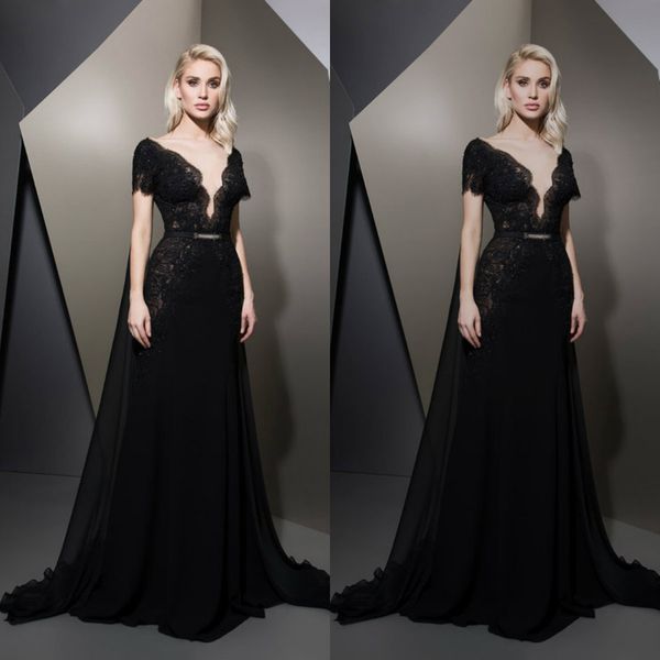 ziad nakad new prom dresses deep v neck capped short sleeve evening dress with detachable train plus size special occasion gowns, Black
ziad nakad new prom dresses deep v neck capped short sleeve evening dress with detachable train plus size special occasion gowns, Black