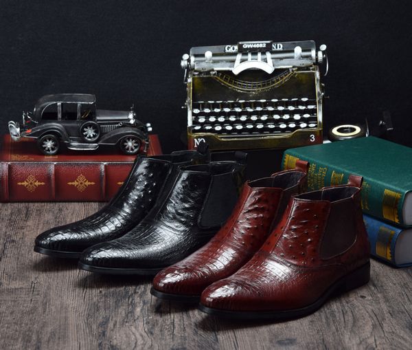 ankle men boots botines hombre pointed-toe cowhide crocodile pattern wedding shoes 44, Black