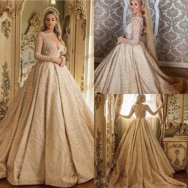 sparkly шампанское sequined бисером бальное платье свадебные платья роскошные рукава глубокий v шеи длинные плюс размер свадебные платья, White