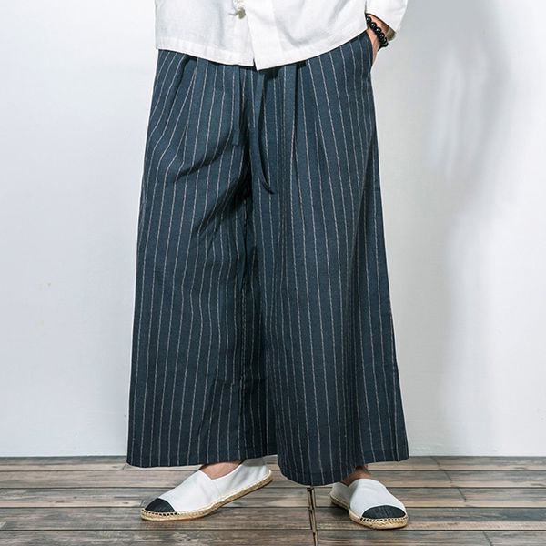 men's pants men wide leg pant cotton linen comfortable loose casual stripe male skirt trousers, Black
men's pants men wide leg pant cotton linen comfortable loose casual stripe male skirt trousers, Black