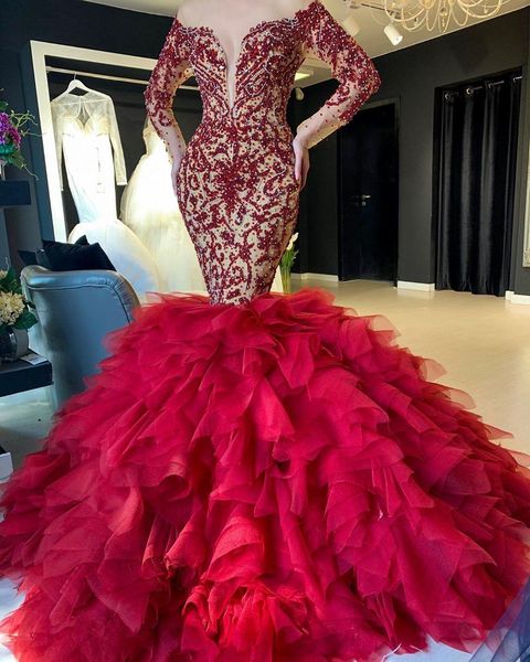 2020 arabic aso ebi red luxurious mermaid evening dresses lace beaded crystals prom dresses sheer neck formal party second reception gowns, Black;red
2020 arabic aso ebi red luxurious mermaid evening dresses lace beaded crystals prom dresses sheer neck formal party second reception gowns, Black;red