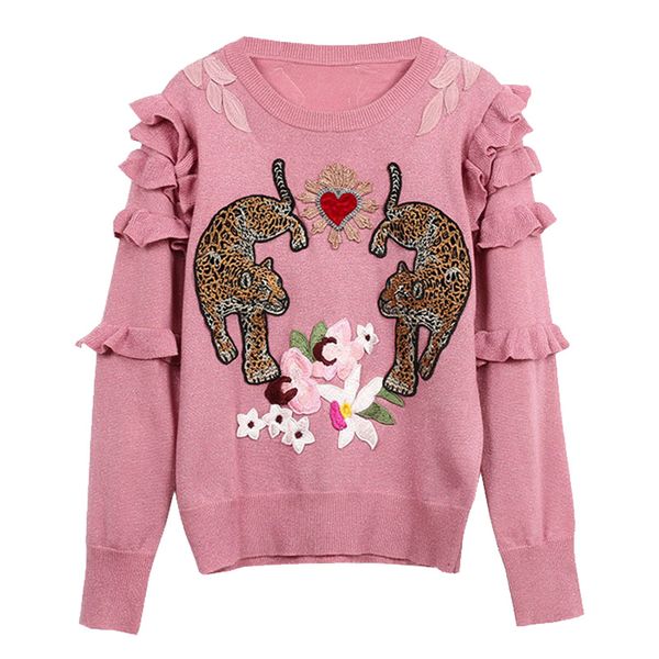 2019 spring new flowers embroidery leopard knit sweaters lurex ruffles long sleeve o-neck pullover pink sweater jc2700, White;black
2019 spring new flowers embroidery leopard knit sweaters lurex ruffles long sleeve o-neck pullover pink sweater jc2700, White;black