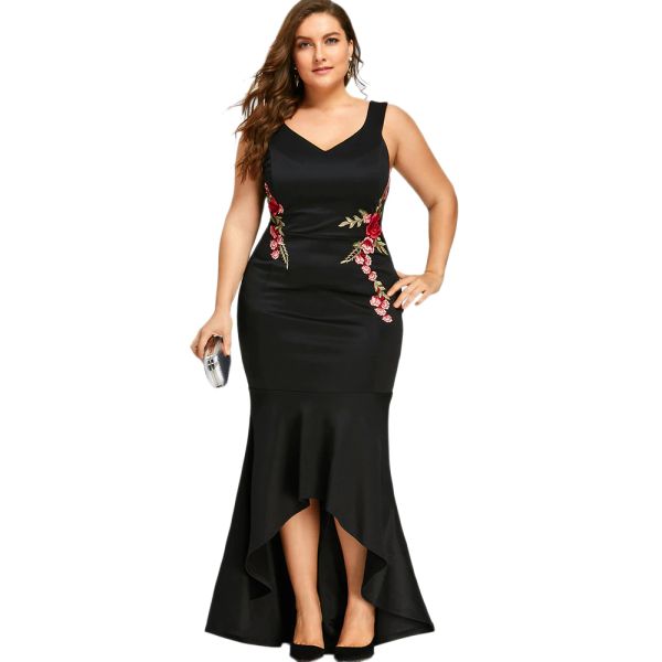 plus size mermaid prom dresses v neck high low evening gown apppliqued floor length satin formal dress, Black
plus size mermaid prom dresses v neck high low evening gown apppliqued floor length satin formal dress, Black