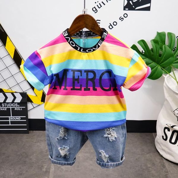 kids clothes sets 2020 summer boy rainbow stripe t-shirt+shorts 2pc children clothing baby toddler outfit sport suit for 2-7y, White
kids clothes sets 2020 summer boy rainbow stripe t-shirt+shorts 2pc children clothing baby toddler outfit sport suit for 2-7y, White