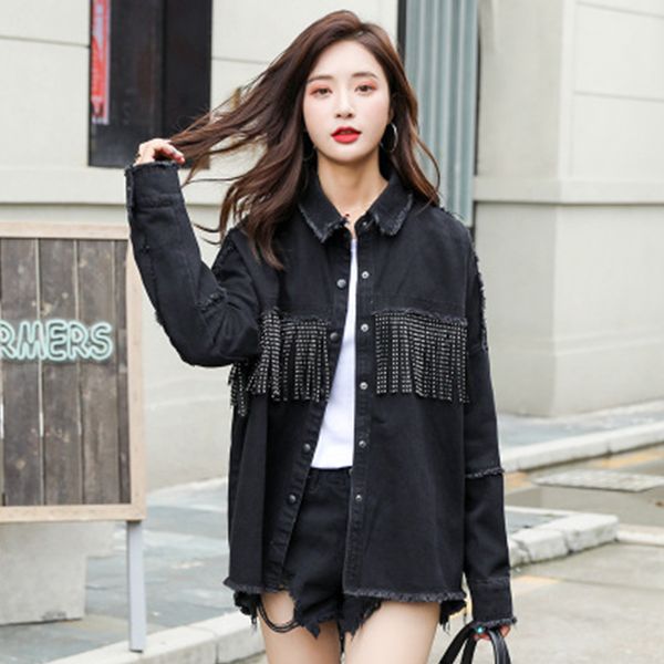 women black loose denim jacket coat sequined tassels streetwear all-match mental covered button outerwear, Black;brown
women black loose denim jacket coat sequined tassels streetwear all-match mental covered button outerwear, Black;brown
