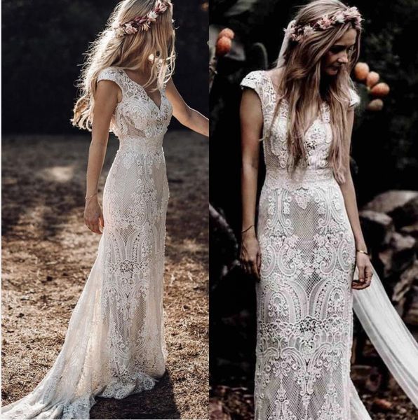 2020 cap sleeves lace mermaid bohemia wedding dresses full lace v neck sweep train country wedding bridal gowns robes de mariée, White
2020 cap sleeves lace mermaid bohemia wedding dresses full lace v neck sweep train country wedding bridal gowns robes de mariée, White