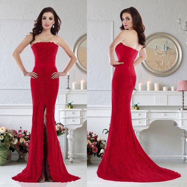 elegant janique mermaid mother of the bride dresses strapless sleeveless split lace applique wedding guest dress sweep train evening gowns, Black;red
elegant janique mermaid mother of the bride dresses strapless sleeveless split lace applique wedding guest dress sweep train evening gowns, Black;red