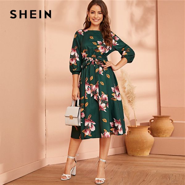 

shein green abaya elastic waist belted floral high waist dress women spring autumn bishop sleeve flared elegant long dresses, Black;gray