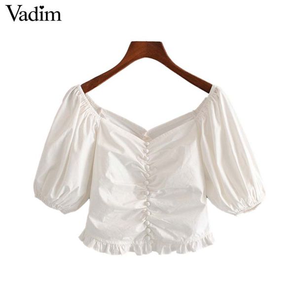 vadim women white solid crop v neck short puff sleeve button stylish pleated shirt casual female chic blusas da436
vadim women white solid crop v neck short puff sleeve button stylish pleated shirt casual female chic blusas da436