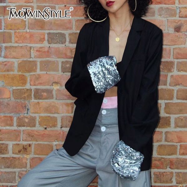 twotwinstyle women's blazer coat large size long sleeve patchwork sequins coats female 2019 autumn casual style fashion clothes, White;black
twotwinstyle women's blazer coat large size long sleeve patchwork sequins coats female 2019 autumn casual style fashion clothes, White;black