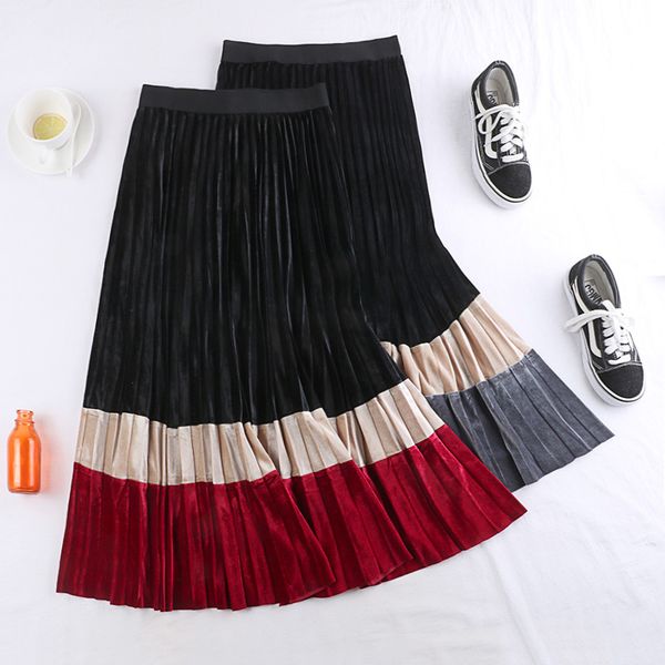2019 new autumn winter vintage patchwork velour skirt women fashion panelled high waist skirts slim all-match pleated skirt w840, Black 
2019 new autumn winter vintage patchwork velour skirt women fashion panelled high waist skirts slim all-match pleated skirt w840, Black