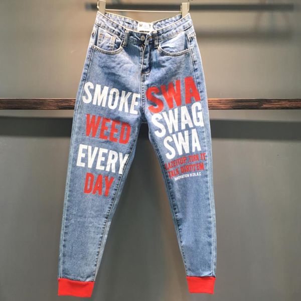 2019 spring new fashion spray paint letters printing high waist loose feet harem jeans women, Blue
2019 spring new fashion spray paint letters printing high waist loose feet harem jeans women, Blue