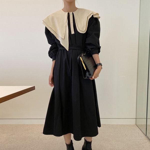 spring and autumn new 2020 long dress women solid color cotton casual ladies dress long sleeve women clothing v641, Black;gray 
spring and autumn new 2020 long dress women solid color cotton casual ladies dress long sleeve women clothing v641, Black;gray